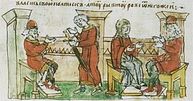 Сваты Уладзіміра і Рагвалод (злева); Рагвалод пытае Рагнеду ці хоча выйсці за Уладзіміра (справа). Мініяцюра Радзівілаўскага летапісу, XV ст.