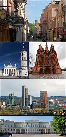 Në drejtim të akrepave të orës nga lart majtas: Rruga Pilies, Katedralja Vilnius, Kisha e Shën Anne, qendra e qytetit dhe Pallati Presidencial