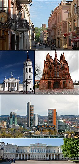 Överst: Vilnius gamla stan Mitten (vänster): Vilniuskatedralen Mitten (höger): St. Annas kyrka Tredje raden: Šnipiškės Nederst: Litauens presidentpalats