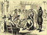 Nybygger-guvernøren John Carver røyker fredspipe med indianerhøvdingen Massasoit i Kolonien Plymouth i USA 1621.