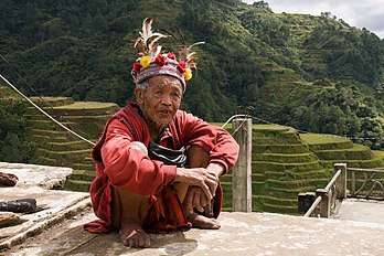 Un homme de la tribu Igorot en costume traditionnel, à Banaue (Philippines). (définition réelle 3 937 × 2 625)