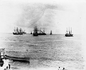 Американские, немецкие и британские корабли в гавани Апиа, 1889 год