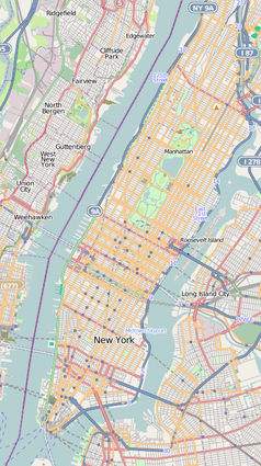 Mapa konturowa Manhattanu, na dole po lewej znajduje się punkt z opisem „Światowe Centrum Handlu”