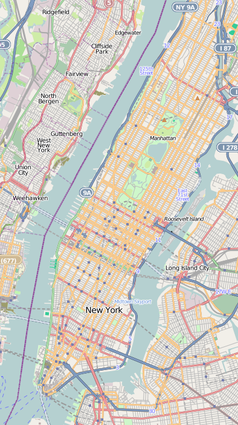 Mapa konturowa Manhattanu, na dole po lewej znajduje się punkt z opisem „The Goldman Sachs Group, Inc.”