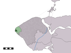 The village centre (dark green) and the statistical district (light green) of Westkapelle in the municipality of Veere.