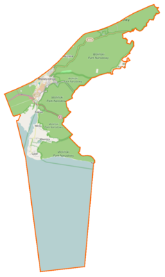 Mapa konturowa gminy Międzyzdroje, po lewej znajduje się punkt z opisem „port morski w Lubinie”