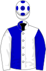 White and blue (halved), sleeves reversed, white cap, blue spots