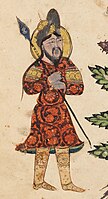 Warrior in Turkic attire, wearing the Turkic headgear sharbush, De Materia Medica of Dioscorides, Iraq, 1224. Harvard Art Museums.[17]