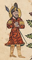 Warrior wearing the sharbush, a three-quarters length robe, and boots. De Materia Medica of Dioscorides, Iraq, 1224. Harvard Art Museums.[92]