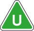 Green triangle with white U in the centre