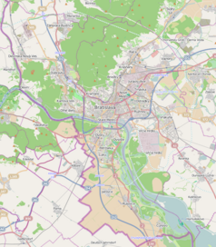 Mapa konturowa Bratysławy, w centrum znajduje się punkt z opisem „Bratysława”