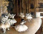 Repetitie van een ballet op het podium, Degas