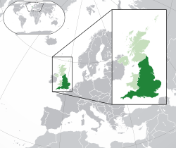 英格蘭的位置（深綠色） – 歐洲（綠色及深灰色） – 英國（綠色）