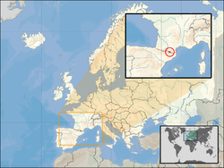 Location of ಅಂಡೋರ (circled in inset) in Europe (white)  –  [Legend]