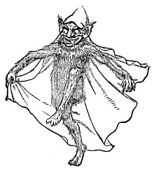 An illustration of a small, hairy mischievious-looking humanoid creature with large, bat-like ears wearing a hooded cloak.