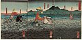 Kadživara Kagesue, Sasaki Takacuna in Hatakejama Šigetada dirkajo pri prečkanju reke Udži pred bitko pri reki Udži (1184), avtor Utagava Kunijoši.