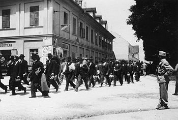 Kolona rezervistov v prvih dneh mobilizacije v Ljubljani julija 1914