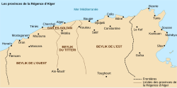 Map of the Provinces of the Regency of Algiers. The Beylik of Constantine is the easternmost, between Titteri and Tunis.