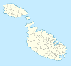 Mapa konturowa Malty, po prawej nieco na dole znajduje się punkt z opisem „Pałac arcybiskupi”