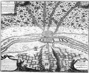 خريطة باريس في 508 م، في وقت الملوك الفرانكي الأول، والثانية من ثمانية الخرائط الزمنية لباريس من تريكت دي لا الشرطة في نيكولا دي لا ماري، كما رسمت في عام 1705. (بي إن إف غاليكا).
