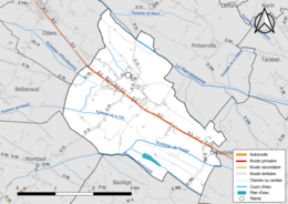 Carte en couleur présentant le réseau hydrographique de la commune