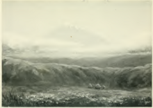Croquis représentant un paysage avec en avant plan un campement, en second plan la savane et en arrière plan le Mont Kenya.