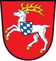 Stadt Hirschau In Rot ein springender, golden bewehrter, silberner Hirsch, dem vorne ein Schildchen mit den bayerischen Rauten aufgelegt ist.