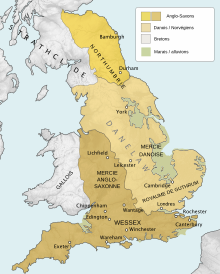 Carte montrant l'Angleterre partagée en deux : le sud-ouest est aux mains des Anglo-Saxons et le nord-est aux mains des Vikings (le Danelaw).