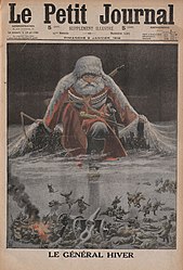 1916년 1월 9일자 르 프티 주르날에서의 러시아 묘사 삽화이다. 나폴레옹 군대가 러시아의 기후 때문에 패배하였고, 러시아의 혹독한 겨울을 동장군으로 묘사하였다.