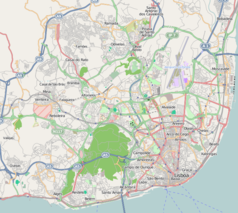 Mapa konturowa Lizbony, na dole znajduje się punkt z opisem „Pałac Ajuda”