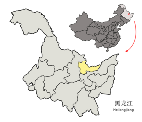 Hegangs läge i Heilongjiang, Kina.
