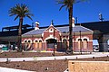 The heritage station building and new rebuilt elevated station, January 2021