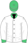 White, emerald green collar, cuffs and cap