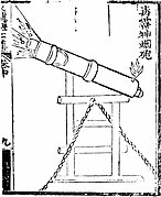 Un "eruptor de fum màgic de boira" com es representa a Huolongjing. Es disparen petits cartutxos que emeten fums verinosos.