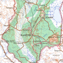 Mapa sa Southern Malawi, nga nagpakita sa Shire Highlands ug mga palibut