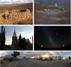 Top left: Fort Steenbok, a fortification from the Second Boer War. Top right: an aerial view of the South African Astronomical Observatory. Middle left: the main church in the town centre. Middle right: a view of the stars in the nights sky in Sutherland. Bottom: a panoramic view of the town centre facing away from the main church.