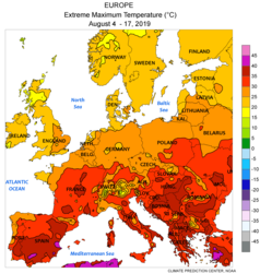 Höchst­temperatur 4. – 17. August 2019 (lila > 40 °C, rot > 30 °C; NOAA-NWS-CPC)