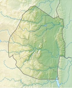 Mapa konturowa Eswatini, blisko centrum na prawo znajduje się punkt z opisem „Mkhaya Game Reserve”
