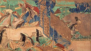 Court scene illustrating hikime kagibana, a technique of inexpressive and impersonal representation of faces, Genji Monogatari Emaki, 12th century