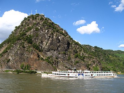 Loreley from the west with touristic antique boat