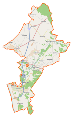 Mapa konturowa gminy Lubicz, na dole po lewej znajduje się punkt z opisem „Złotoria”