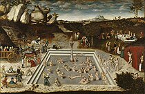 老卢卡斯·克拉纳赫的《青春之泉（英语：The Fountain of Youth (Cranach)）》，122.5 × 186.5cm，约作于1546年，来自普鲁士的王室收藏[45]