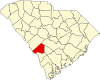 Mapa de Carolina del Sur con la ubicación del condado de Barnwell