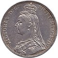 Faċċata 1707-1981 5/— (25p f'munita deċimali), 38mm, Xifer ta 'l-Art, Kompożizzjoni, (1816-1919) 92.5% fidda, (1920-1946) 50% fidda, (1947-1970) cupronickel (Profil tal-monarka (id-disinn tar-"ras tal-ġublew" ta' Victoria murija, disinjatur jose boehm, Data tad-disinn 1887, ritratt tal-verżjoni tal-1891)