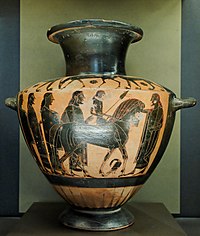 Soturin sotaanlähtö. Yksityiskohta Lydoksen maalaamasta hydriasta, n. 570–560 eaa.