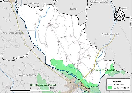 Carte des ZNIEFF de type 1 sur la commune.