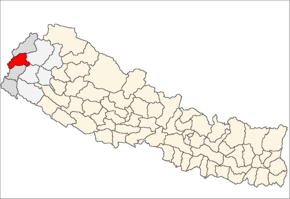 Baitadi District i Mahakali Zone (grå) i Far-Western Development Region (grå + lysegrå)