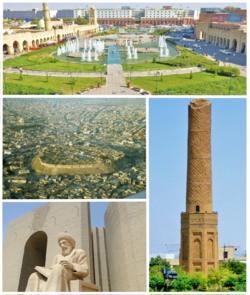 Në drejtim të akrepave të orës, nga lart: Qendra e qytetit, Minareja Mudhafaria, Statuja e Ibn el-Mustaufi, Kalaja e Erbilit