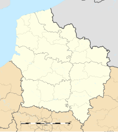 Mapa konturowa regionu Hauts-de-France, u góry po lewej znajduje się punkt z opisem „Leulinghen-Bernes”