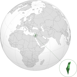Položaj Izraela (zelena barva) in ozemelj, ki jih zaseda Izrael (svetlo zelena barva), na zemeljski obli.